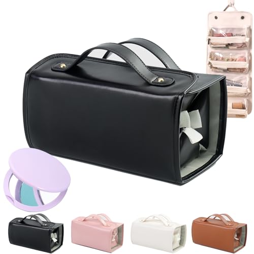 Binozinco Cosmetic Bag, Leather Waterproof Cosmetic Bag Detachable 4 in 1, Hanging Cosmetic Travel Bag, Large Capacity Portable Multi Compartment Foldable Leather Makeup Bag for Women (Black) von Camic