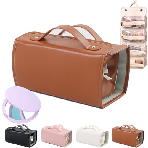 Binozinco Cosmetic Bag, Leather Waterproof Cosmetic Bag Detachable 4 in 1, Hanging Cosmetic Travel Bag, Large Capacity Portable Multi Compartment Foldable Leather Makeup Bag for Women (Brown) von Camic