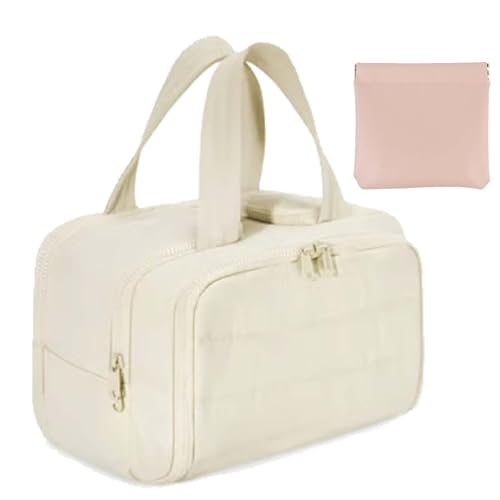 Cureaway Travel Cosmetic Bag, Large Capacity Wide-Open Travel Cosmetic Bag, Hanging Makeup Toiletry Bag, Waterproof Puffy Makeup Organizer, Dry-and-Wet Separation with 4 Compartments (Beige) von Camic