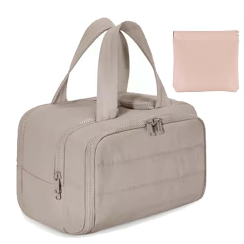 Cureaway Travel Cosmetic Bag, Large Capacity Wide-Open Travel Cosmetic Bag, Hanging Makeup Toiletry Bag, Waterproof Puffy Makeup Organizer, Dry-and-Wet Separation with 4 Compartments (Khaki) von Camic