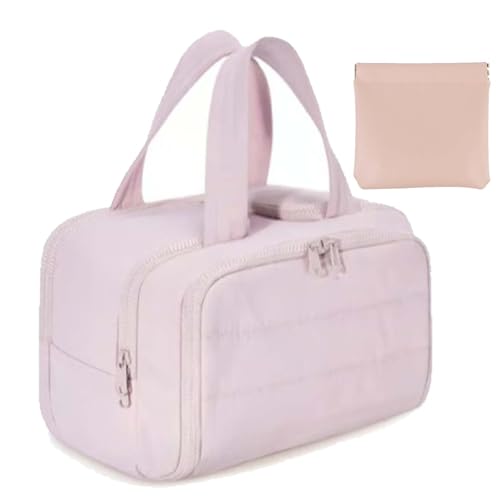 Cureaway Travel Cosmetic Bag, Large Capacity Wide-Open Travel Cosmetic Bag, Hanging Makeup Toiletry Bag, Waterproof Puffy Makeup Organizer, Dry-and-Wet Separation with 4 Compartments (Pink) von Camic