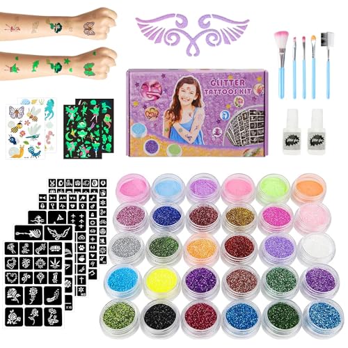 Children's Glitter Tattoo Set 30 Farben,190 Schablonen,4 Leuchttattoos - Glitzertattoo Kinder Set 6 Fluoreszierende Pulver Kreatives Glitzer Make-Up Kit Für Geburtstage,Karneval, Partys Und Geschenke von Camiki Art