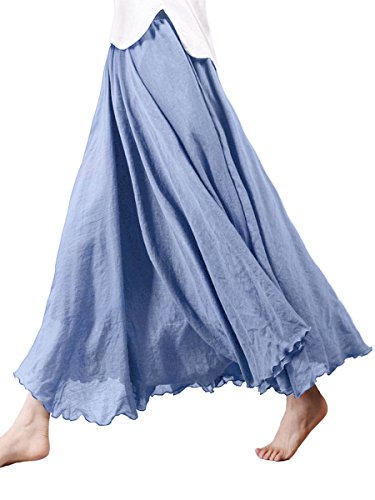 Damen Baumwolle Lange Rock Tellerrock Maxirock Doppelt Genäht Elastischer Bund - Einfarbig Jeans Blau Länge 85cm von Camilife