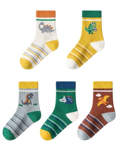 5 Paar Baby Kleinkind Unisex Baumwolle Socken Set Kindersocken Cartoon - Kleiner Dinosaurier Muster Grün Gelb 1-3 Jahre alt von Camilife