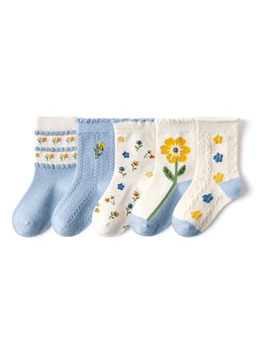 5 Paar Kinder Mädchen Baumwolle Socken Set Kindersocken Süß und Lieblich Cartoon - Blumen Muster Babyblau 5-8 Jahre alt von Camilife