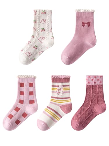 5 Paar Kinder Mädchen Baumwolle Socken Set Kindersocken Süß und Lieblich Cartoon - Kleiner Hase Altrosa Dunkelrosa 5-8 Jahre alt von Camilife