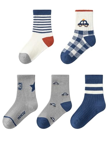 5 Paar Kleinkind Kinder Jungen Baumwolle Socken Set Kindersocken Cartoon - Autos Muster Dunkelblau Grau 3-5 Jahre alt von Camilife