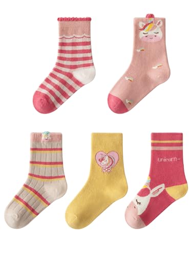 5 Paar Kleinkind Kinder Mädchen Baumwolle Socken Set Kindersocken Süß und Lieblich - Cartoon Muster Hellrosa Gelb 3-5 Jahre alt von Camilife