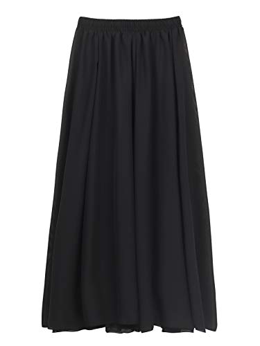 CAMILIFE Damen Chiffon Langer Rock Strandrock Maxirock Chiffonrock Damenrock für Sommer Strand Alltag Party Rocklänge 100cm - Einfarbig Schwarz von Camilife