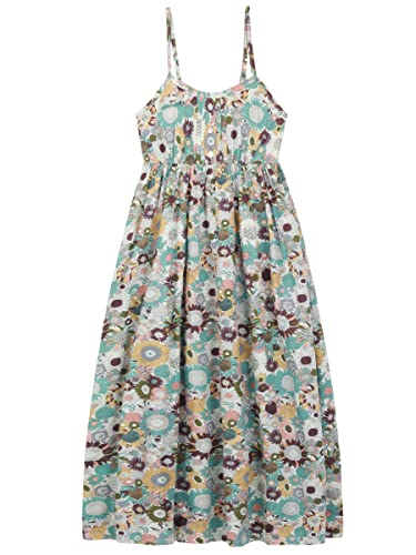 CAMILIFE Damen Trägerkleid 100% Baumwolle Popeline Strandkleid Blumenkleid Midikleid Sommerkleid Florale Langer Kleid Hohe Taille mit Trägern Kleiderlänge 118cm - Graugrün Sonnenblumen A46, 34-42 von Camilife