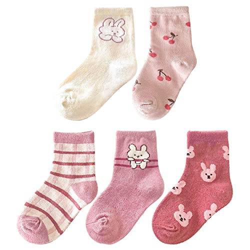 Camilife 5 Paar Kleinkind Kinder Mädchen Baumwolle Socken Set Kindersocken Weich Komfort - Süß Kleiner Hase Muster AltRosa & Dunkelrosa 3-5 Jahre alt von Camilife