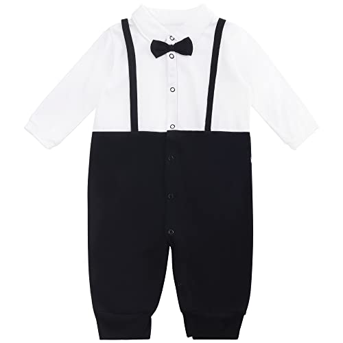 Camilife Baby Jungen Baumwolle Strampler Langarm Kleine Gentleman Fake Two Pieces Anzug Hemdkragen mit Fliege Hosenträgern Knopfverschluss Einteiler Outfit - Weiß Schwarz Größe 12M von Camilife