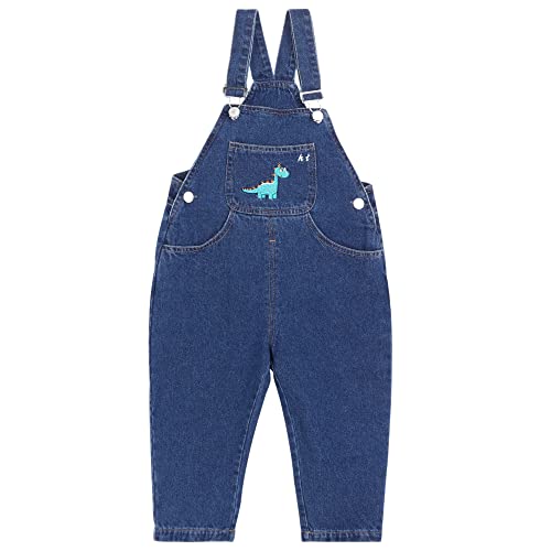 Camilife Baby Jungen Mädchen Basic Denim Latzhosen Overall Baumwolle Jeans Hose mit Hosenträger Latzhosenschnalle Classic Blau Jeans Cartoon Dinosaurier Pattern - Größe 80 von Camilife