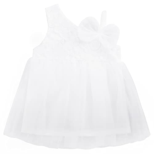 Camilife Baby Mädchen Weiche Baumwolle Tüll Kleid Spitze Kleid Eine Schulter ohne Ärmel Sommerkleider für Prinzessin mit Süße Schleife Blumenstickerei - Einfarbig Weiß Größe 12M von Camilife