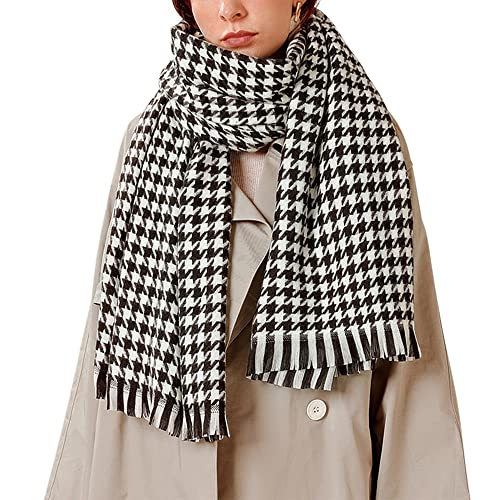 Camilife Damen Großer Schal Klassisch Houndstooth Lange Schal aus Kaschmirimitat Breite Shawl Umhängetuch mit Fransen Elegant Damenschal Webschal Modisch Weich Warm Winterschal 70×180cm - Schwarz von Camilife