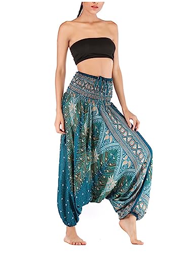 Camilife Damen Haremshose Goa Hose Yoga Hose Pluderhose Aladinhose mit Tiefem Schritt Muckhose Freizeithose Pumphose Jumpsuit Hohe Taille Elastischer Bund Weich Dünn Cool Two Way to Wear - Blaugrün von Camilife