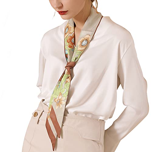 Camilife Damen Mädchen Kunstseide Langer Schmaler Schal Elegant Krawatte Schal Sanftmütig Haarschal Haarband Haar Accessoire Gürtel 6×150cm - Blumenmuster Kaffee von Camilife