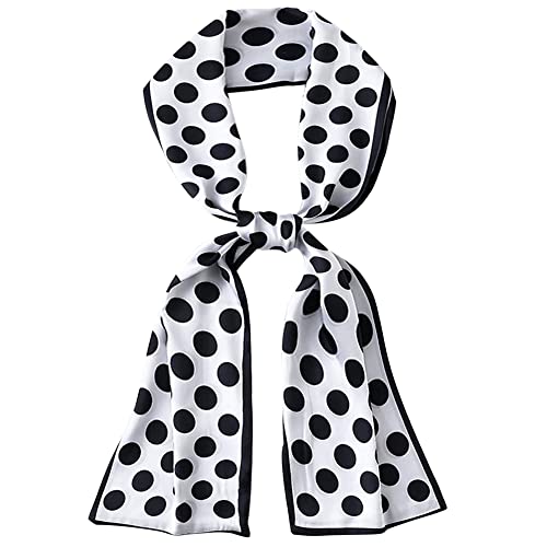 Camilife Damen Mädchen Kunstseide Langer Schmaler Schal Halstuch Elegant Krawatte Schal Haarband Haarschmuck Gürtel 15×150cm - Gepunktet Weiß von Camilife