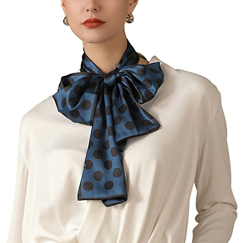 Camilife Damen Mädchen Kunstseide Langer Schmaler Schal Halstuch Elegant Krawatte Schal Haarband Haarschmuck Gürtel Weich Glatt 15×150cm - Gepunktet Blau von Camilife