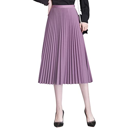 Camilife Damen Mädchen Plisseerock Midirock Damenrock in Mittlere Länge Silberfaser-Stricktuch Faltenrock Elastischer Bund für Frühling Herbst Rocklänge 75cm - Einfarbig Violett von Camilife