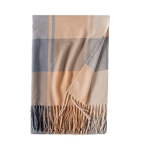 Camilife Damen Schal Klassisch Großer Kariert Lange Schal Shawl mit Fransen Elegant Damenschal aus Kaschmirimitat Webschal Winterschal Warm Weich Komfort für Herbst Winter 65×185cm - Grau Khaki von Camilife