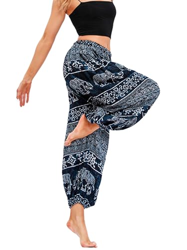 Camilife Damen Viskose Haremshose Ballonhose Goa Hose Aladinhose Yoga Hose Muckhose Freizeithose Pumphose Hohe Taille Elastischer Bund Weich Dünn Cool - Elefanten Schwarz von Camilife