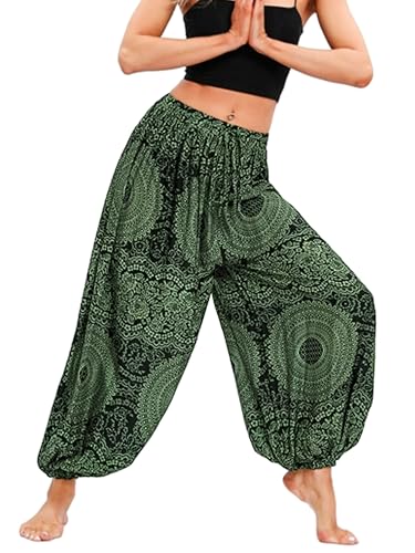 Camilife Damen Viskose Haremshose Ballonhose Goa Hose Aladinhose Yoga Hose Muckhose Freizeithose Pumphose Hohe Taille Elastischer Bund Weich Dünn Cool - Schwarz & Gelbgrün von Camilife