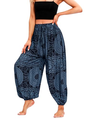 Camilife Damen Viskose Haremshose Ballonhose Goa Hose Aladinhose Yoga Hose Muckhose Freizeithose Pumphose Hohe Taille Elastischer Bund Weich Dünn Cool - Schwarz & Graublau von Camilife