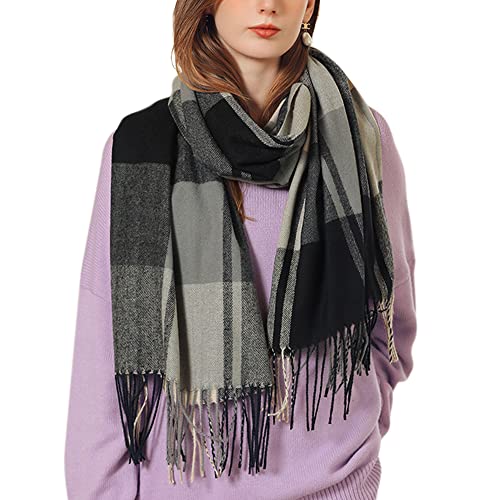 Camilife Damen Webschal Schal Klassisch Großer Kariert Lange Schal Shawl mit Fransen Elegant Damenschal aus Kaschmirimitat Winterschal Warm Weich Komfort für Herbst Winter 65×185cm - Grau Schwarz von Camilife