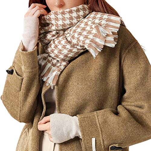 Camilife Damen Webschal Schal Klassisch Houndstooth Lange Schal Breite Shawl mit Fransen Umhängetuch Elegant Damenschal aus Kaschmirimitat Modisch Weich Warm für Winter 70×180cm - Khaki von Camilife