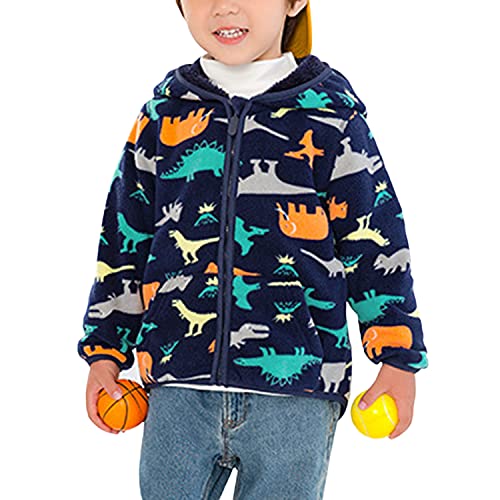 Camilife Kleinkind Kinder Jungen Mädchen Verdickte Polarfleece Jacke mit Stehkragen Reißverschluss Fleecejacke Kapuzejacke Kinderjacke Herbst Winter - Dinosaurier Muster Dunkelblau Herstellergr. 100 von Camilife