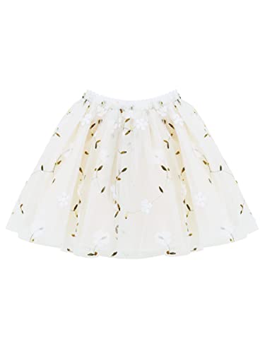 Camilife Kleinkind Kinder Mädchen Tuturock Tüllrock Prinzessinrock Minirock Tütürock mit Elastischer Bund Blumenstickerei Süß Lieblich Blumen Prinzessin - Beige Weiß Herstellergr. 110 von Camilife