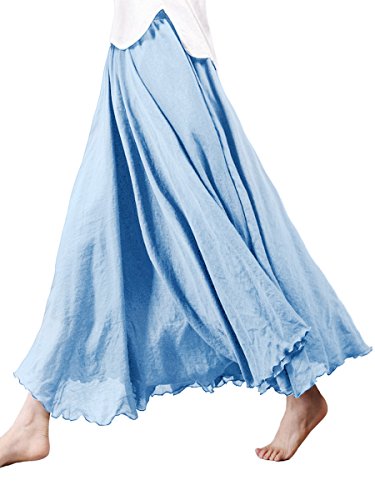 Damen Baumwolle Lange Rock Tellerrock Maxirock Doppelt Genäht Elastischer Bund - Einfarbig Himmelblau Länge 85cm von Camilife