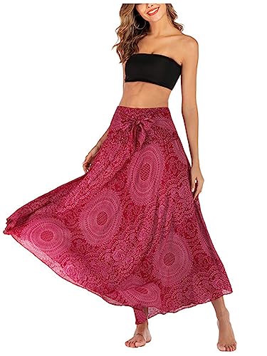 Damen Bohemien Maxirock Asymmetrien Langer Rock Strandrock Ethnischer Stil Blumenmuster A-Linien Midi Neckholder Kleid Two Way to Wear Weich Dünn Cool Atmungsaktiv Sommerrock - Bordeaux & Altrosa von Camilife