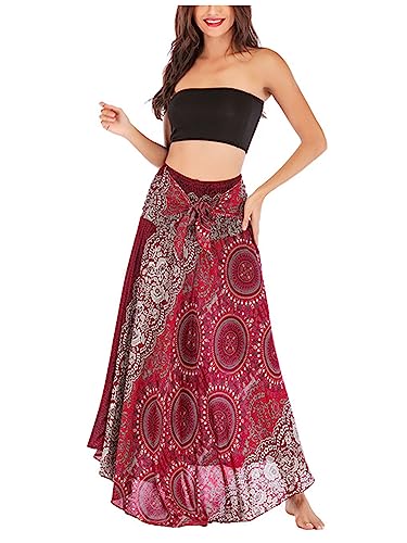 Damen Bohemien Maxirock Asymmetrien Langer Rock Strandrock Ethnischer Stil Blumenmuster A-Linien Midi Neckholder Kleid Two Way to Wear Weich Dünn Cool Atmungsaktiv Sommerrock - Bordeaux von Camilife