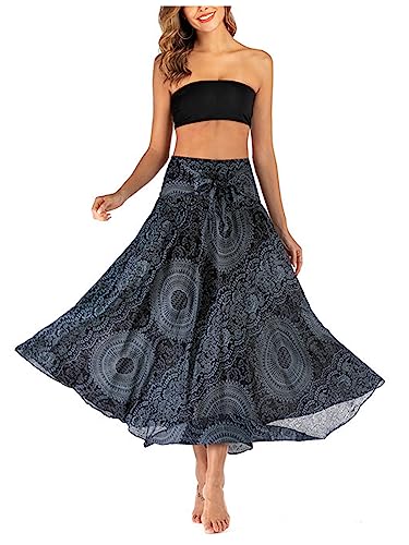 Damen Bohemien Maxirock Asymmetrien Langer Rock Strandrock Ethnischer Stil Blumenmuster A-Linien Midi Neckholder Kleid Two Way to Wear Weich Dünn Cool Atmungsaktiv Sommerrock - Schwarz von Camilife