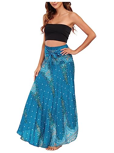 Damen Bohemien Maxirock Asymmetrien Strandrock Ethnischer Stil Blumenmuster Langer Rock A-Linien Midikleid Two Way to Wear Weich Dünn Cool Atmungsaktiv Sommerrock - Blau von Camilife
