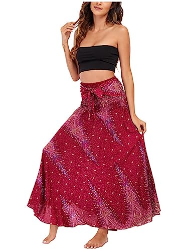 Damen Bohemien Maxirock Asymmetrien Strandrock Ethnischer Stil Blumenmuster Langer Rock A-Linien Midikleid Two Way to Wear Weich Dünn Cool Atmungsaktiv Sommerrock - Bordeaux von Camilife