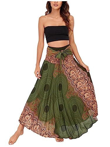 Damen Bohemien Maxirock Asymmetrien Strandrock Ethnischer Stil Blumenmuster Langer Rock A-Linien Midikleid Two Way to Wear Weich Dünn Cool Atmungsaktiv Sommerrock - Dunkelgrün von Camilife