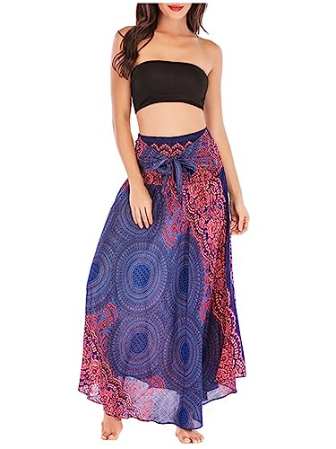 Damen Bohemien Maxirock Asymmetrien Strandrock Ethnischer Stil Blumenmuster Langer Rock A-Linien Midikleid Two Way to Wear Weich Dünn Cool Atmungsaktiv Sommerrock - Violett-Blau von Camilife