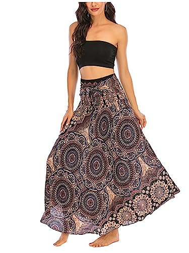 Damen Bohemien Maxirock Strandrock Ethnischer Stil Blumenmuster Langer Rock Asymmetrien A-Linien Midikleid Two Way to Wear Weich Dünn Cool Atmungsaktiv Sommerrock - Rosenrot & Bordeaux von Camilife