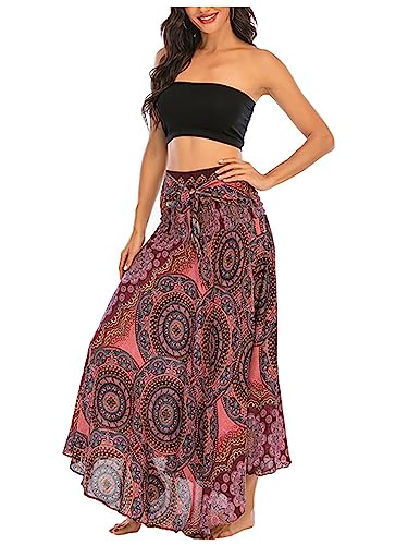 Damen Bohemien Maxirock Strandrock Ethnischer Stil Blumenmuster Langer Rock Asymmetrien A-Linien Midikleid Two Way to Wear Weich Dünn Cool Atmungsaktiv Sommerrock - Violett-Rot von Camilife