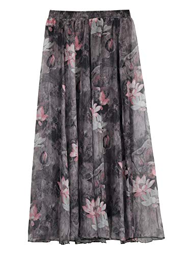 Damen Chiffon Blumen Strandrock Maxirock Langer Rock Gedruckter Chiffonrock Weich Glatt Dünn Cool für Sommer Rocklänge 80cm - Geblümt Lotus #26 von Camilife