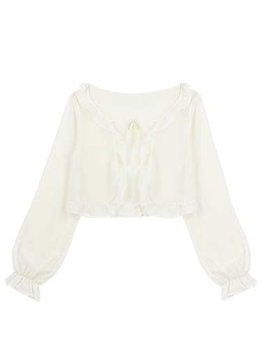 Damen Chiffon Kurze Strickjacke Jäckchen Sommer Cardigan Lange Ärmel Super Dünne Semi-Shee mit Süßer Rüschen Elastische Bündchen Leichter Sommerlichen Sonnenschutz Kurzjacke Offen Blusen - Beige von Camilife