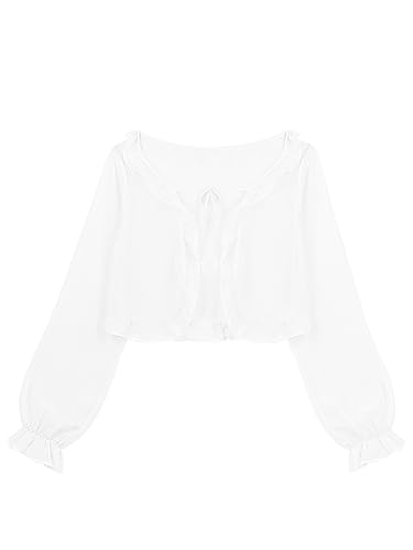 Damen Chiffon Kurze Strickjacke Jäckchen Sommer Cardigan Lange Ärmel Super Dünne Semi-Shee mit Süßer Rüschen Elastische Bündchen Leichter Sommerlichen Sonnenschutz Kurzjacke Offen Blusen - Weiß von Camilife