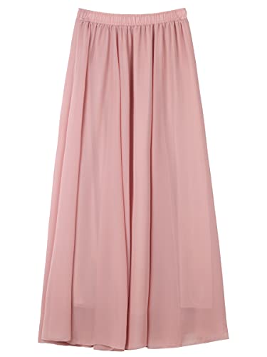 Damen Chiffon Langer Rock Strandrock Maxirock Chiffonrock Bodenlanger Damenrock für Sommer Strand Alltag Party Rocklänge 100cm Einfarbig Altrosa von Camilife