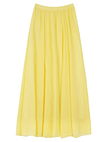 Damen Chiffon Langer Rock Strandrock Maxirock Chiffonrock Bodenlanger Damenrock für Sommer Strand Alltag Party Rocklänge 100cm Einfarbig Lemongelb von Camilife