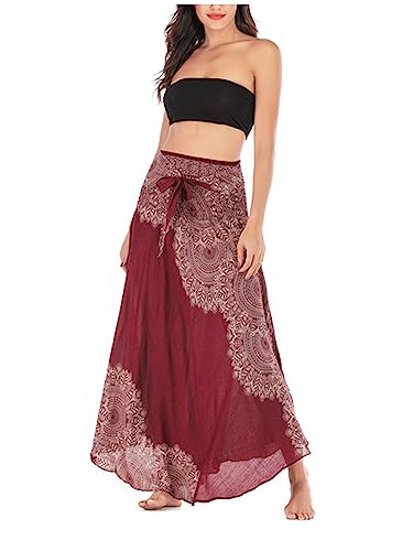 Damen Ethnischer Stil Maxirock Bohemien Asymmetrien Strandrock Langer Rock A-Linien Midi Neckholder Kleid Two Way to Wear Super Weich Dünn Cool Atmungsaktiv Sommerrock - Bordeaux von Camilife