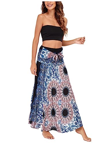 Damen Ethnischer Stil Maxirock Bohemien Strandrock Asymmetrien Langer Rock A-Linien Midi Neckholder Kleid Two Way to Wear Weich Dünn Cool Atmungsaktiv Sommerrock - Paisley Muster Blau & Weiß von Camilife
