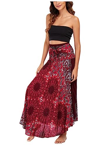 Damen Ethnischer Stil Maxirock Bohemien Strandrock Asymmetrien Langer Rock A-Linien Midi Neckholder Kleid Two Way to Wear Weich Dünn Cool Atmungsaktiv Sommerrock - Paisley Muster Bordeaux von Camilife